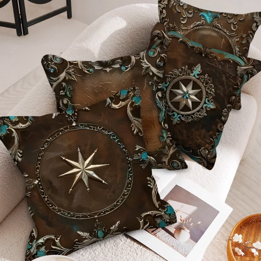 4pcs Throw Pillow Covers Vintage Cowboy Style Pillow Covers - Soft and Durable Brown Sky Blue Pattern - Suitable for Sofa, Car, Bedroom, Living Room and Office Decoration - Double-sided printing does not include pillow core