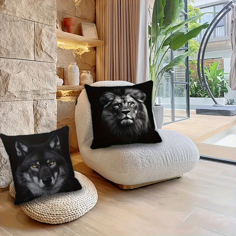 4pcs Double-Sided Printed Pillow Covers - Wolf, Lion, Tiger & Bear Designs in Black & White, Soft Polyester Material with Zipper Closure, Ideal for Sofas, Beds, and Car Interiors, Contemporary Style for Various Room Decorations, Decorative Pillows |
