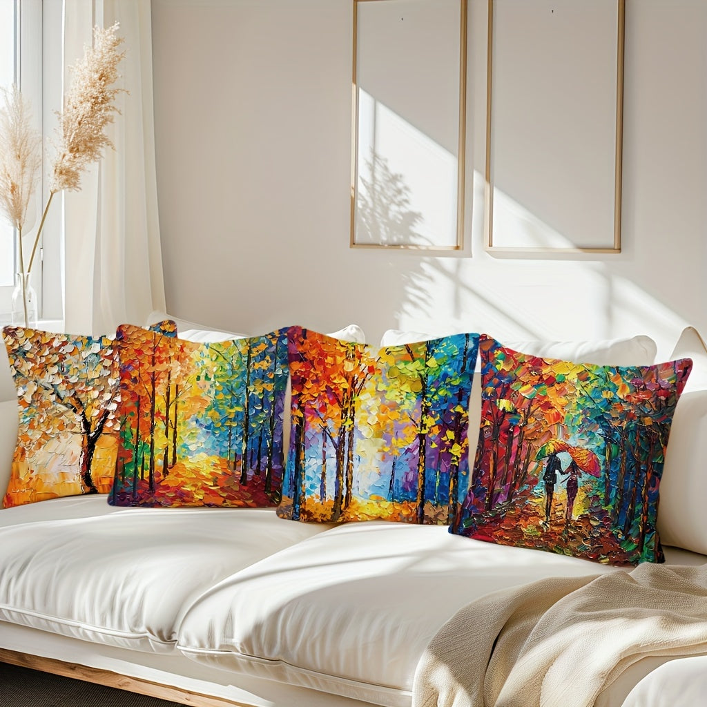 4pcs Geometric Oil Painting Tree Throw Pillow Cover Abstract Tree Decorative Pillow Cover Home Decor Sofa Sofa Living Room Bedroom - Double Sided Printing Polyester Material No Pillow Core