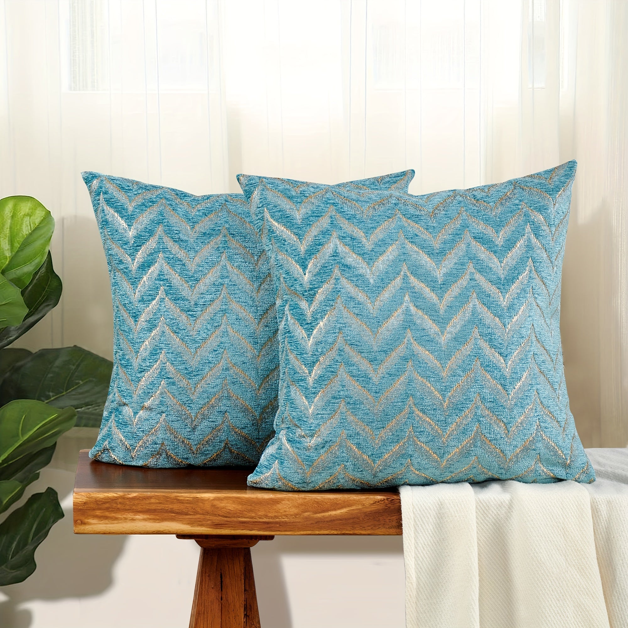 2pcs Double-Sided Chevron Pattern Jacquard Throw Pillow Covers in Blue, Gray, and Beige - Soft Chenille Texture, Decorative Cushion Covers for Sofa, Couch, Chair, Living Room, Bedroom Decor (Inserts Not Included), Living Room Decor|Modern Home
