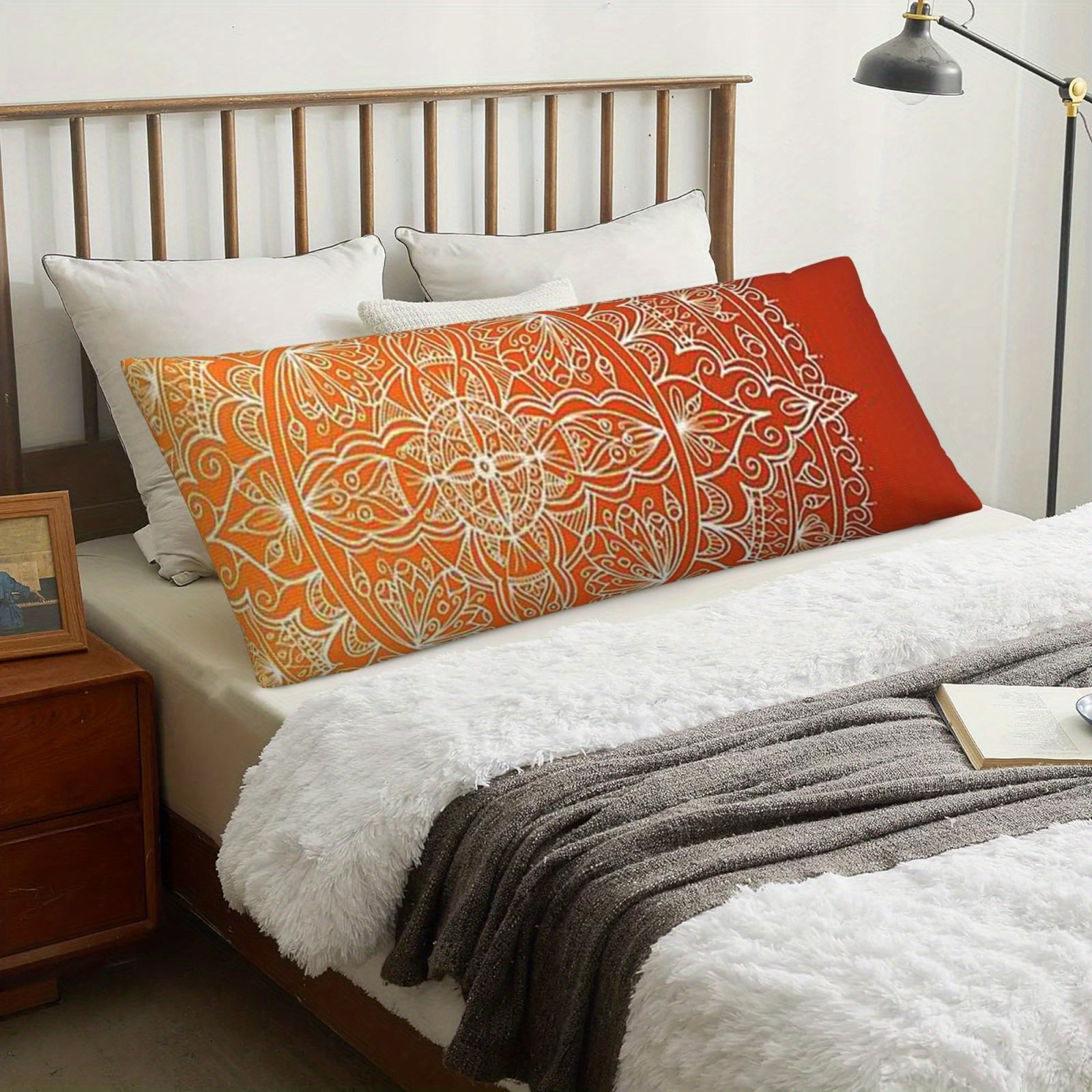 [Mandala Pillow Cover] Vibrant Orange Mandala Double-Sided Body Pillow Cover - 50.8x137.16 cm, Short Pile, Zipper Closure, Ideal for Sofa, Bedroom, and Outdoor Decor, Decorative Pillow Covers, Mandala Pattern, Zippered Pillowcase, Decorative Pillows