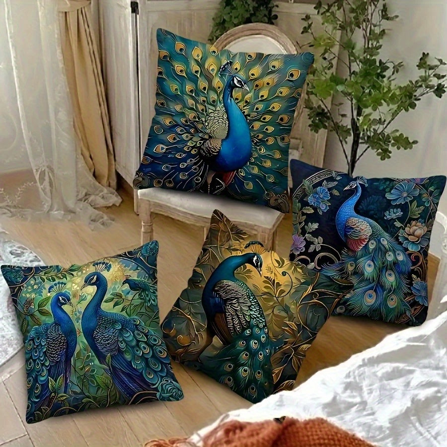 4pcs Vibrant Peacock Design Plush Pillow Covers - Double-Sided Digital Print, Zipper Closure, Machine Washable, Polyester - Ideal for Daily Use & Special Occasions like Valentine's, Mother'S Day, Independence Day, Halloween, Thanksgiving, Christmas,