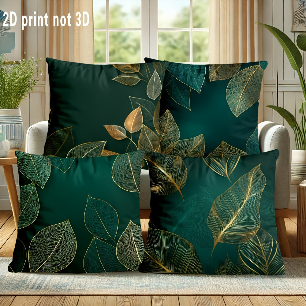 4pcs Botanical Emerald Green & Golden Leaves Pillow Covers - Large 18x18 Inch Luxury Cushion Covers with Hidden Zipper Closure, Deep Teal and Golden Accent Decor for Living Room, Bedroom, Sofa - Housewarming or Memorial Day Gifts - No Fringe Needed,