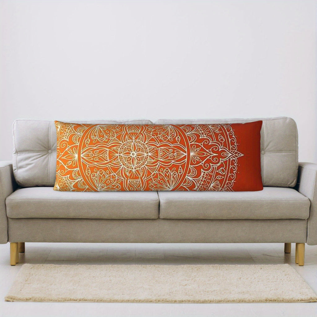 [Mandala Pillow Cover] Vibrant Orange Mandala Double-Sided Body Pillow Cover - 50.8x137.16 cm, Short Pile, Zipper Closure, Ideal for Sofa, Bedroom, and Outdoor Decor, Decorative Pillow Covers, Mandala Pattern, Zippered Pillowcase, Decorative Pillows