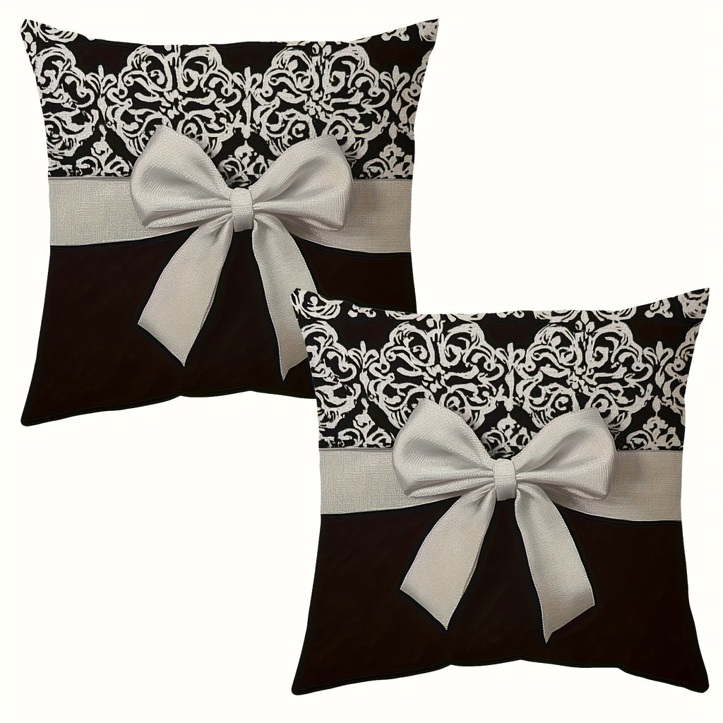 4pcs Modern Black and White European Pattern Bow Design Double-Sided Print Pillowcase, Soft Polyester Fabric, Size 17.72"x17.72", Machine Washable, Suitable for Sofa, Chair, Bed, Car, Living Room and Office Decorative Cushion Cover (Without Core)