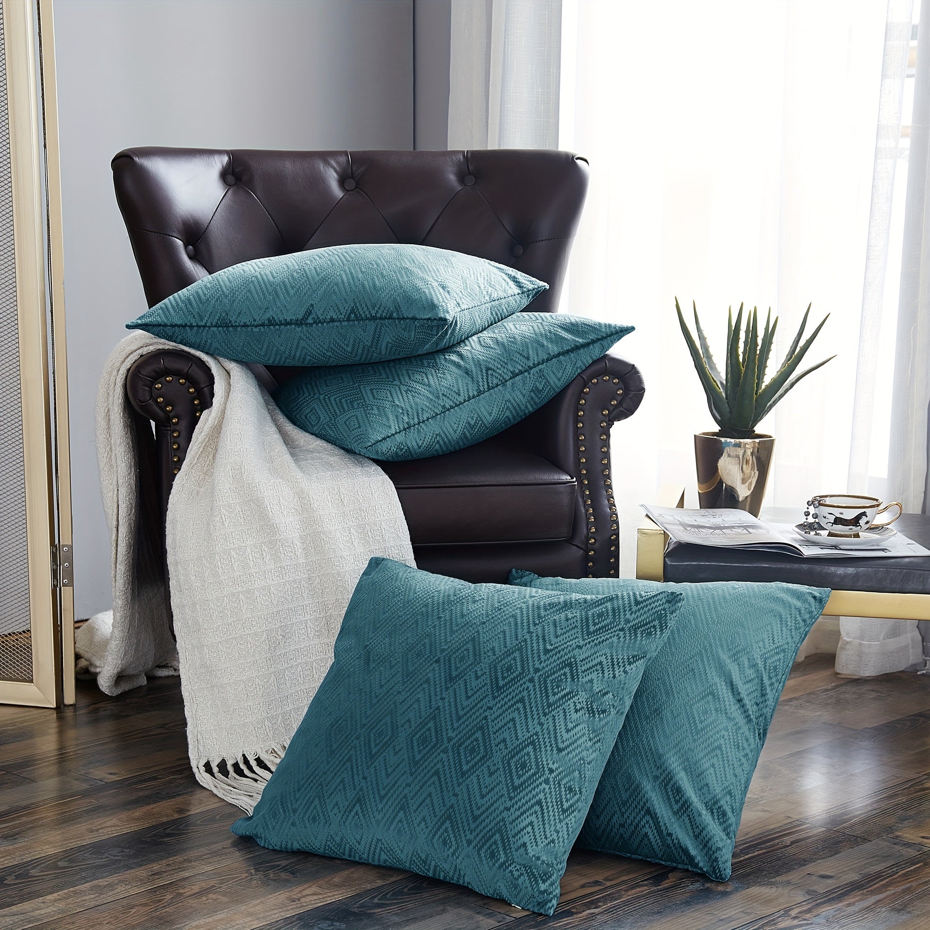 Velvet Soft 4pcs Ikat Decorative Throw Pillow Covers Set - Double Sided, Stylish Cushion Cover for Sofa Couch Chair Living Room Bedroom Decor (NO INSERT)