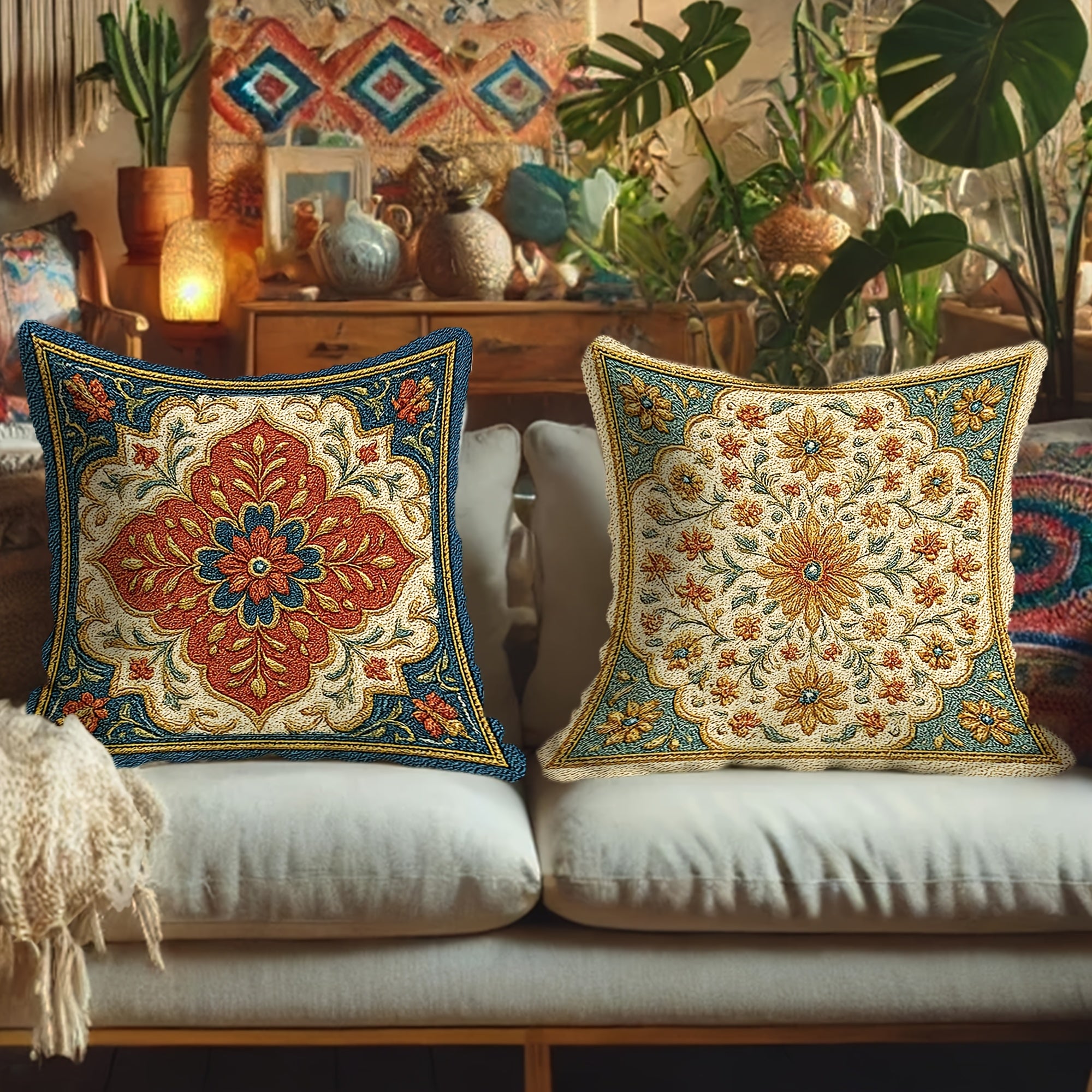 4pcs Retro Ethnic Style Throw Pillow Covers - Geometric Pattern Brown Green Beige Soft Polyester Decorative Pillow Covers, Double-Sided Printing with Zipper Closure, Machine Washable for Living Room Bedroom Sofa Bed Decor (No Pillow Core)