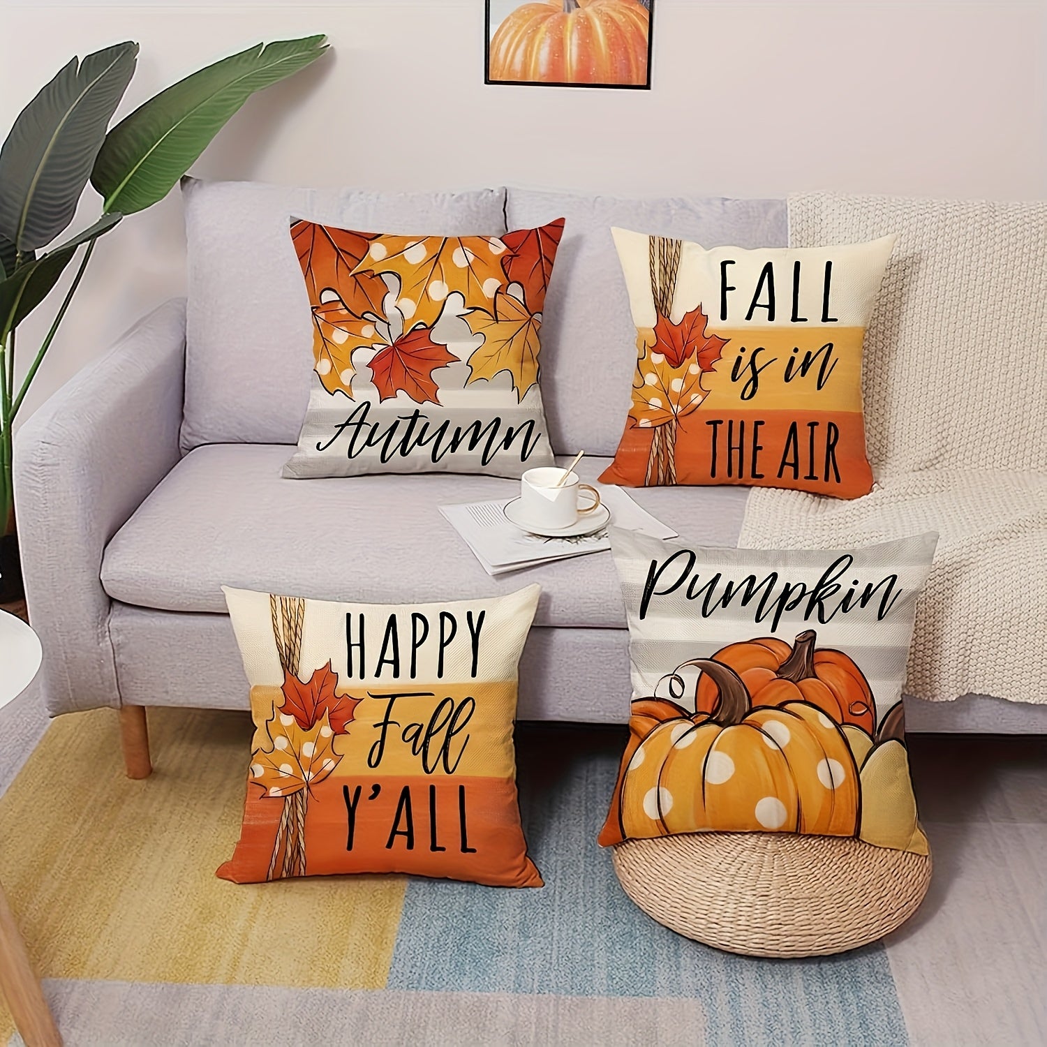 Polyester material double-sided printing 4 autumn-themed polyester pillowcase orange maple leaf design with zipper washing machine washable - perfect for home car bedroom sofa office decoration inches (no padding) cute pillow2D