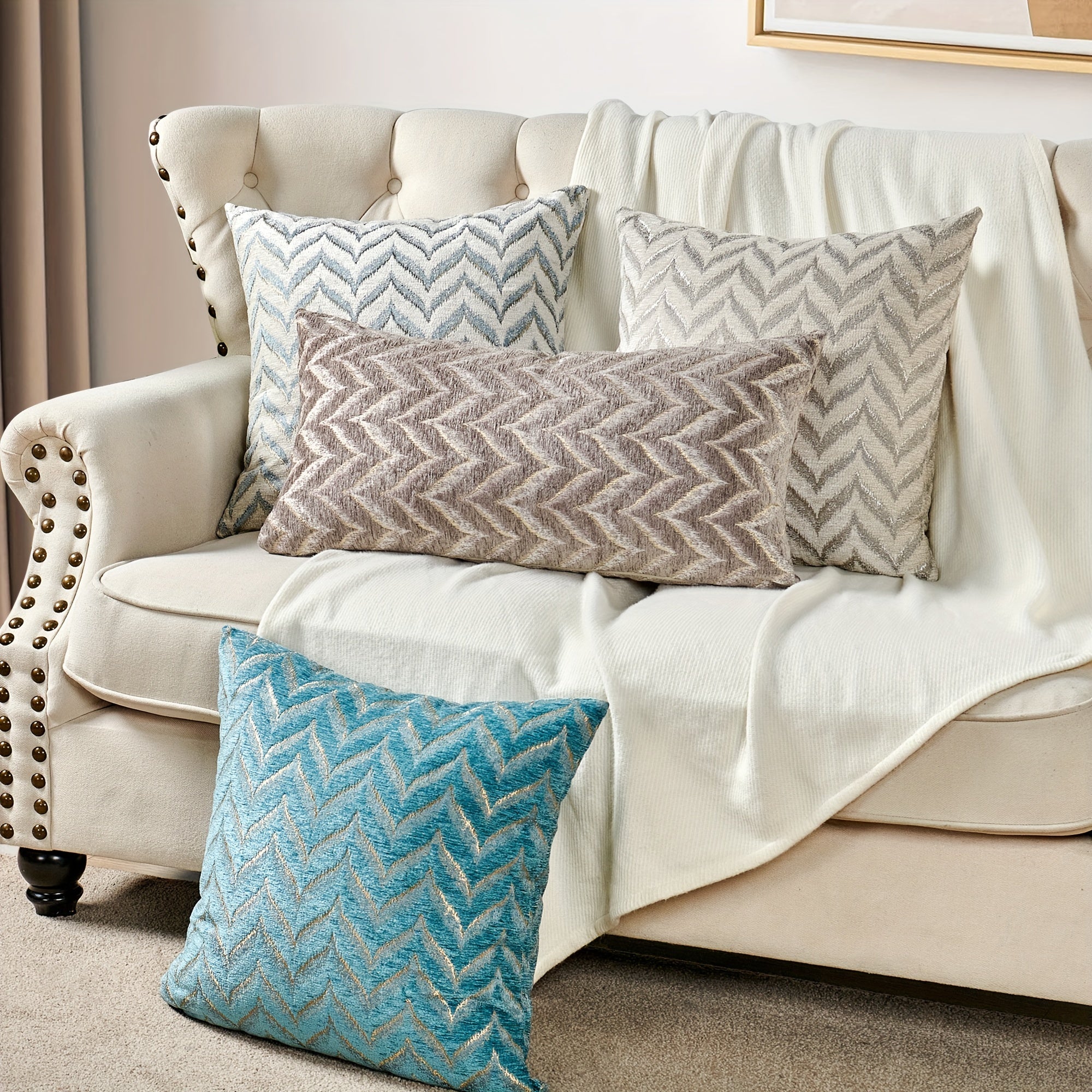 2pcs Double-Sided Chevron Pattern Jacquard Throw Pillow Covers in Blue, Gray, and Beige - Soft Chenille Texture, Decorative Cushion Covers for Sofa, Couch, Chair, Living Room, Bedroom Decor (Inserts Not Included), Living Room Decor|Modern Home