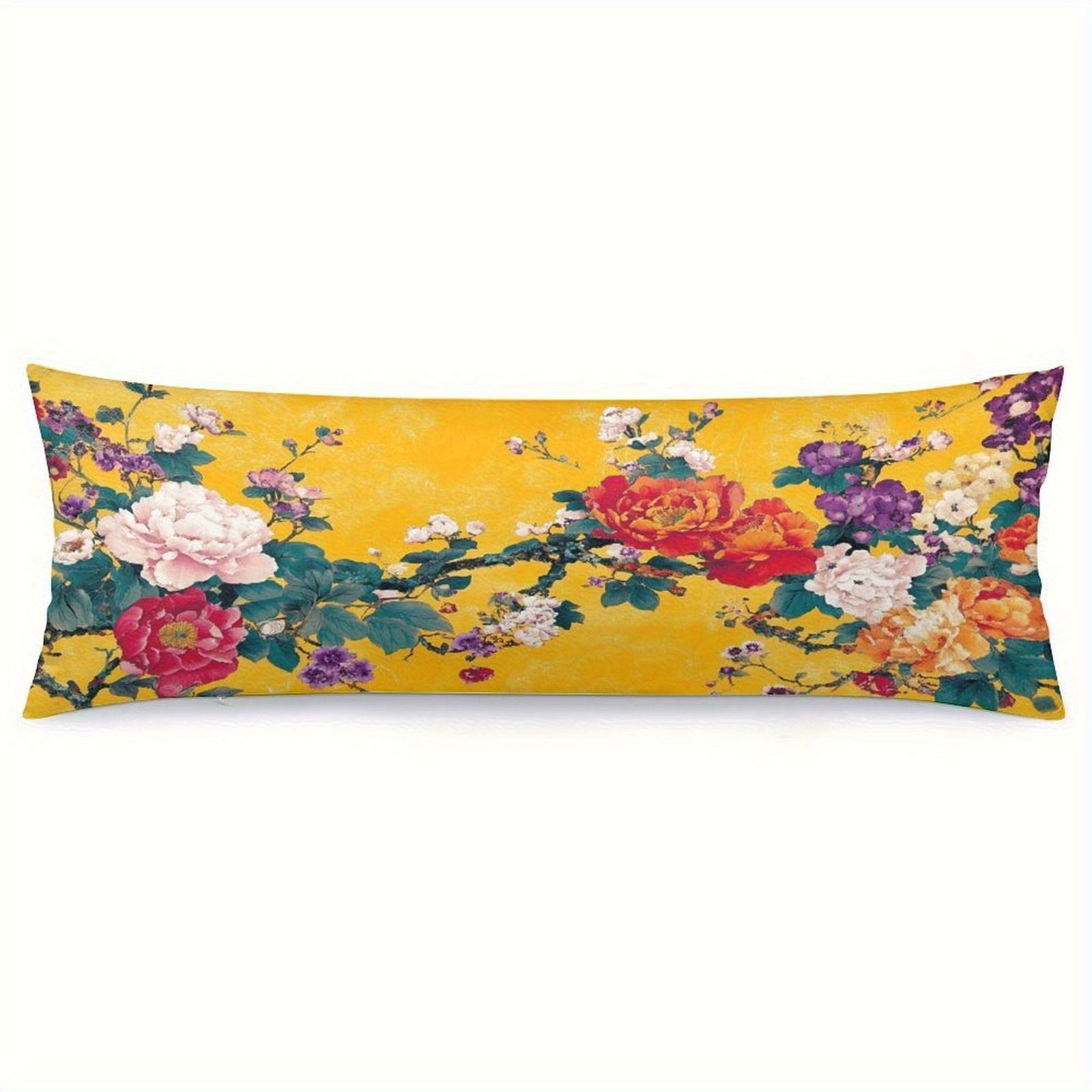 Extra Long Body Pillow Case - Mustard Yellow Floral Bouquet with Roses, Soft Plush Bed Cushion Cover for Queen/King Beds & Sofas, Machine Washable Large Pillowcase (20x54 Inches/51x137cm) - Home Decor Accent, Sofa Accessory, Cozy Cottage Style,