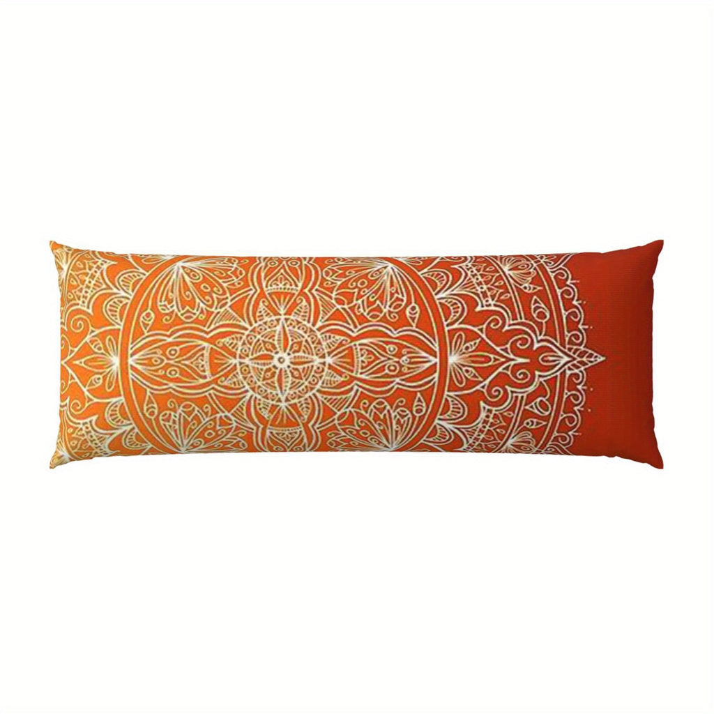 [Mandala Pillow Cover] Vibrant Orange Mandala Double-Sided Body Pillow Cover - 50.8x137.16 cm, Short Pile, Zipper Closure, Ideal for Sofa, Bedroom, and Outdoor Decor, Decorative Pillow Covers, Mandala Pattern, Zippered Pillowcase, Decorative Pillows