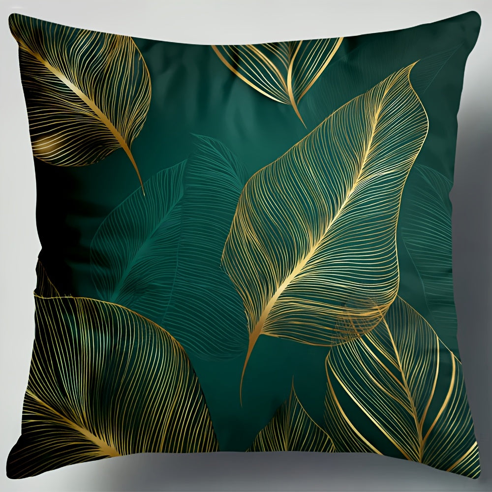 4pcs Botanical Emerald Green & Golden Leaves Pillow Covers - Large 18x18 Inch Luxury Cushion Covers with Hidden Zipper Closure, Deep Teal and Golden Accent Decor for Living Room, Bedroom, Sofa - Housewarming or Memorial Day Gifts - No Fringe Needed,