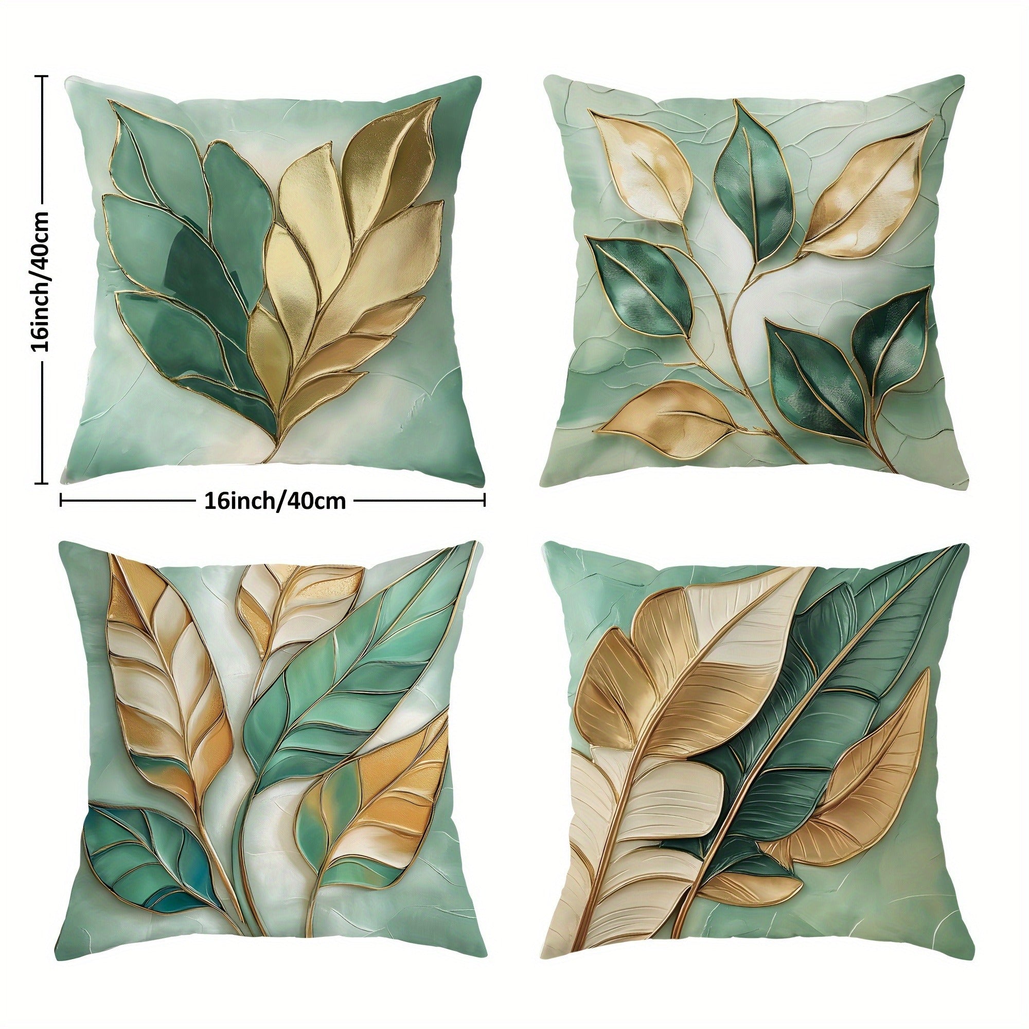 4pcs Sage Green and Golden 3D Leaf Design Pillow Covers - Soft Polyester, Double-Sided Print, Zippered, Machine Washable - Ideal for Living Room or Bedroom Decor, No Insert Included, Decorative Pillows