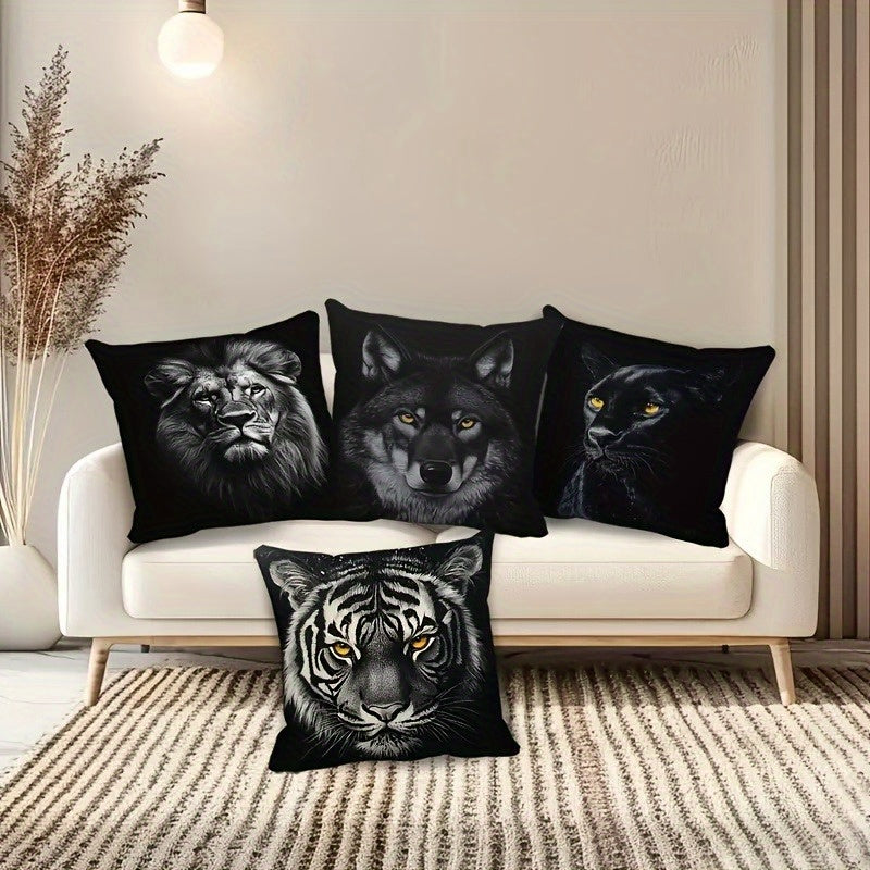 4pcs Double-Sided Printed Pillow Covers - Wolf, Lion, Tiger & Bear Designs in Black & White, Soft Polyester Material with Zipper Closure, Ideal for Sofas, Beds, and Car Interiors, Contemporary Style for Various Room Decorations, Decorative Pillows |