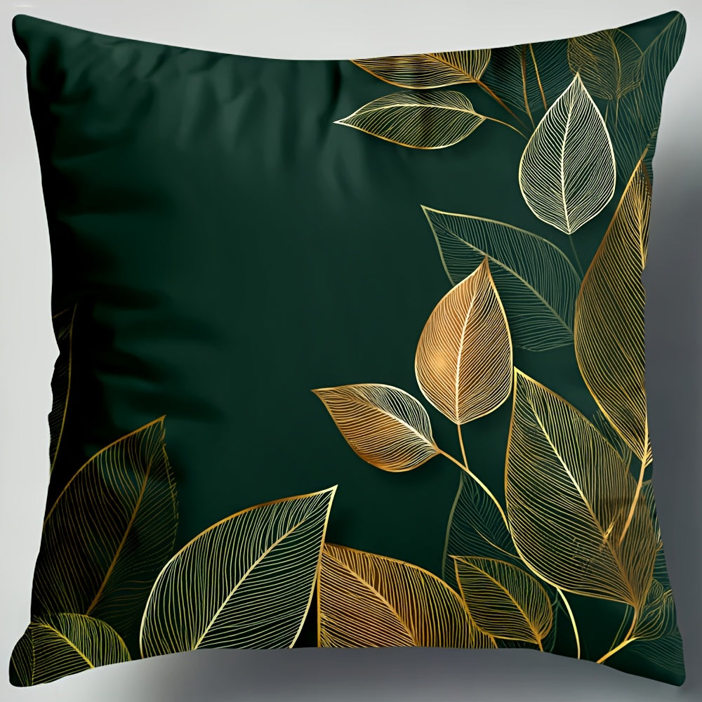 4pcs Botanical Emerald Green & Golden Leaves Pillow Covers - Large 18x18 Inch Luxury Cushion Covers with Hidden Zipper Closure, Deep Teal and Golden Accent Decor for Living Room, Bedroom, Sofa - Housewarming or Memorial Day Gifts - No Fringe Needed,