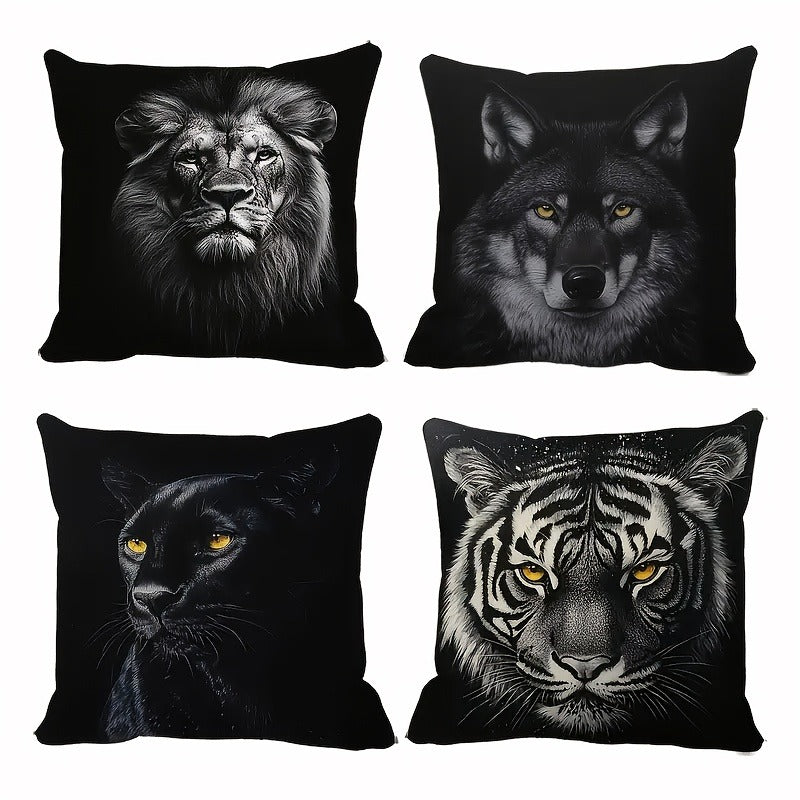 4pcs Double-Sided Printed Pillow Covers - Wolf, Lion, Tiger & Bear Designs in Black & White, Soft Polyester Material with Zipper Closure, Ideal for Sofas, Beds, and Car Interiors, Contemporary Style for Various Room Decorations, Decorative Pillows |