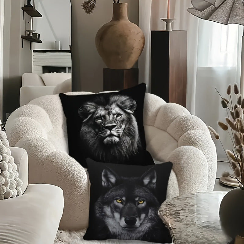 4pcs Double-Sided Printed Pillow Covers - Wolf, Lion, Tiger & Bear Designs in Black & White, Soft Polyester Material with Zipper Closure, Ideal for Sofas, Beds, and Car Interiors, Contemporary Style for Various Room Decorations, Decorative Pillows |