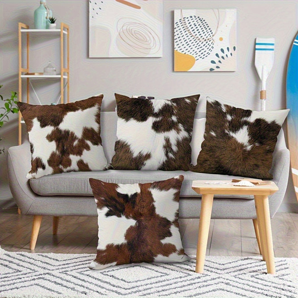 4pcs Double-Sided Cowhide Print Pillow Covers - Soft Plush Geometric Pattern, Zipper Closure, Machine Washable, Multiple Sizes for Living Room, Bedroom, Sofa Decor, Bedroom Accessories, Rustic Home Decor, Textured Fabric, Vintage Style, Durable Material,
