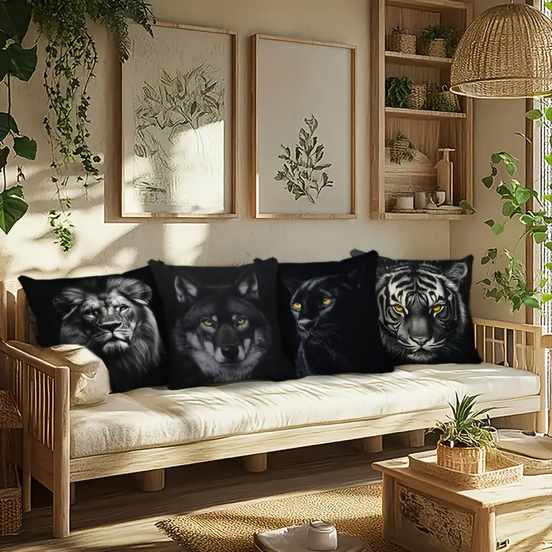 4pcs Double-Sided Printed Pillow Covers - Wolf, Lion, Tiger & Bear Designs in Black & White, Soft Polyester Material with Zipper Closure, Ideal for Sofas, Beds, and Car Interiors, Contemporary Style for Various Room Decorations, Decorative Pillows |