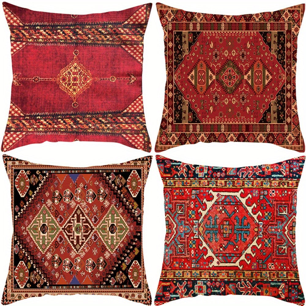 4pcs of retro red pattern design printed zipper pillowcase-double-sided polyester printed pattern zipper closed home decoration living room, bedroom and sofa home decoration (not included in the pillow)