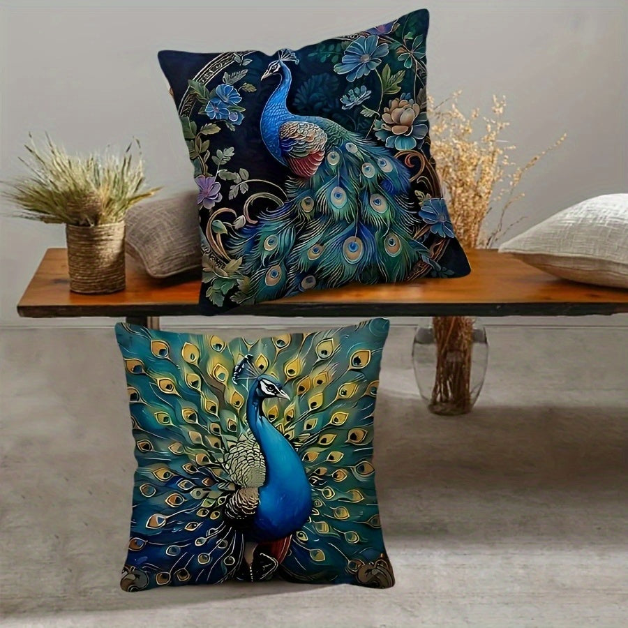 4pcs Vibrant Peacock Design Plush Pillow Covers - Double-Sided Digital Print, Zipper Closure, Machine Washable, Polyester - Ideal for Daily Use & Special Occasions like Valentine's, Mother'S Day, Independence Day, Halloween, Thanksgiving, Christmas,
