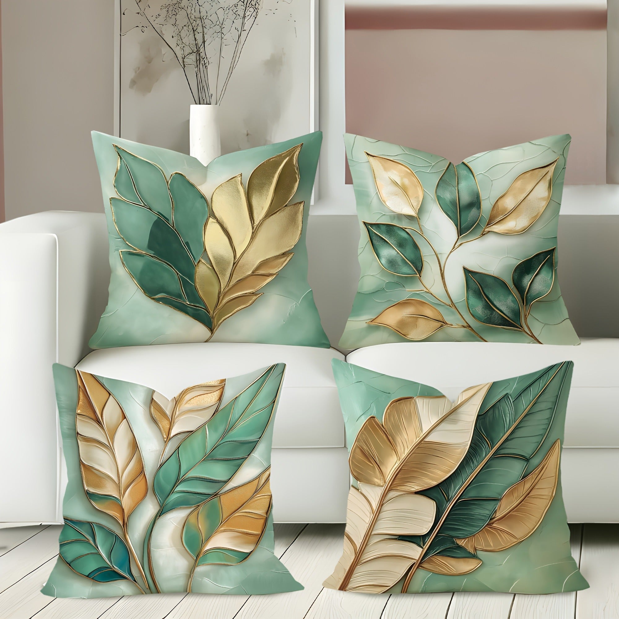 4pcs-4pcs velvet pillowcase set, 3D leaf design, modern sage green and gold, soft and comfortable decorative pillowcase, suitable for living room, bedroom, sofa or bed decoration, single-sided printing, no inserts, pillow decoration