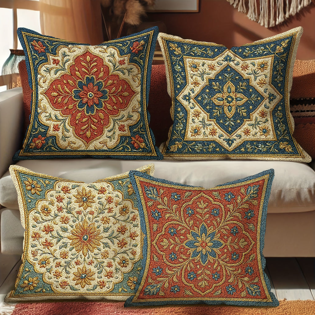 4pcs Retro Ethnic Style Throw Pillow Covers - Geometric Pattern Brown Green Beige Soft Polyester Decorative Pillow Covers, Double-Sided Printing with Zipper Closure, Machine Washable for Living Room Bedroom Sofa Bed Decor (No Pillow Core)