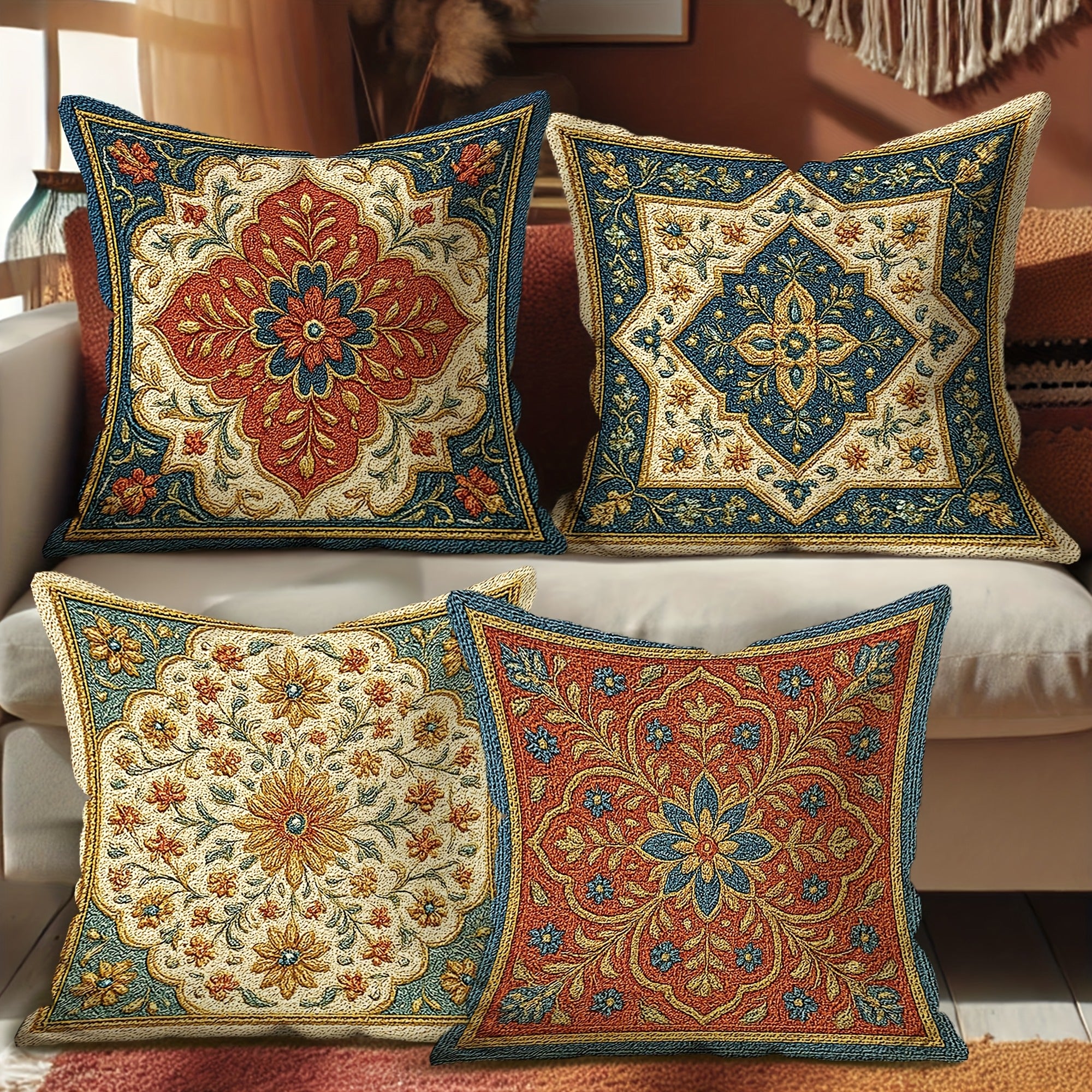 4pcs Retro Ethnic Style Throw Pillow Covers - Geometric Pattern Brown Green Beige Soft Polyester Decorative Pillow Covers, Double-Sided Printing with Zipper Closure, Machine Washable for Living Room Bedroom Sofa Bed Decor (No Pillow Core)