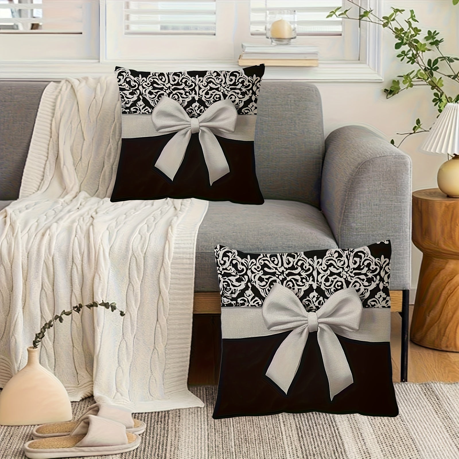 4pcs Modern Black and White European Pattern Bow Design Double-Sided Print Pillowcase, Soft Polyester Fabric, Size 17.72"x17.72", Machine Washable, Suitable for Sofa, Chair, Bed, Car, Living Room and Office Decorative Cushion Cover (Without Core)