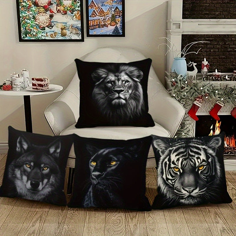 4pcs Double-Sided Printed Pillow Covers - Wolf, Lion, Tiger & Bear Designs in Black & White, Soft Polyester Material with Zipper Closure, Ideal for Sofas, Beds, and Car Interiors, Contemporary Style for Various Room Decorations, Decorative Pillows |