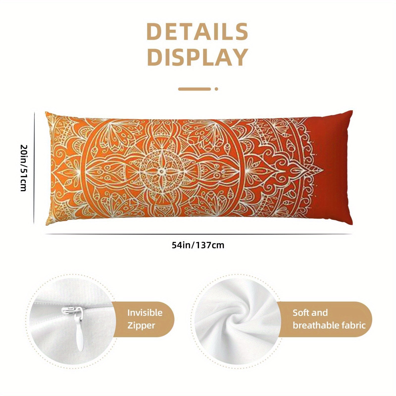 [Mandala Pillow Cover] Vibrant Orange Mandala Double-Sided Body Pillow Cover - 50.8x137.16 cm, Short Pile, Zipper Closure, Ideal for Sofa, Bedroom, and Outdoor Decor, Decorative Pillow Covers, Mandala Pattern, Zippered Pillowcase, Decorative Pillows
