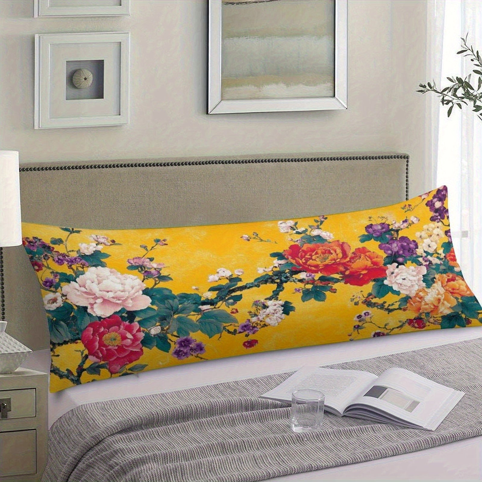 Extra Long Body Pillow Case - Mustard Yellow Floral Bouquet with Roses, Soft Plush Bed Cushion Cover for Queen/King Beds & Sofas, Machine Washable Large Pillowcase (20x54 Inches/51x137cm) - Home Decor Accent, Sofa Accessory, Cozy Cottage Style,