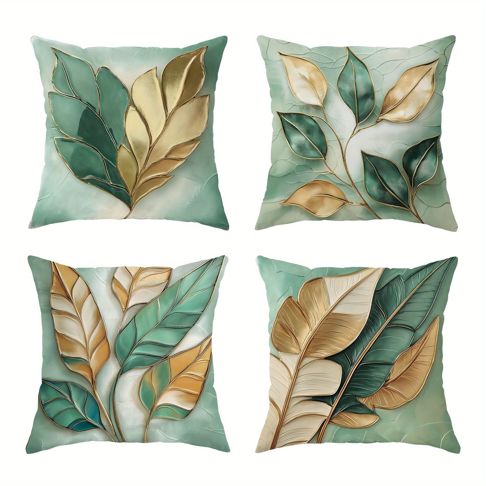 4pcs Sage Green and Golden 3D Leaf Design Pillow Covers - Soft Polyester, Double-Sided Print, Zippered, Machine Washable - Ideal for Living Room or Bedroom Decor, No Insert Included, Decorative Pillows