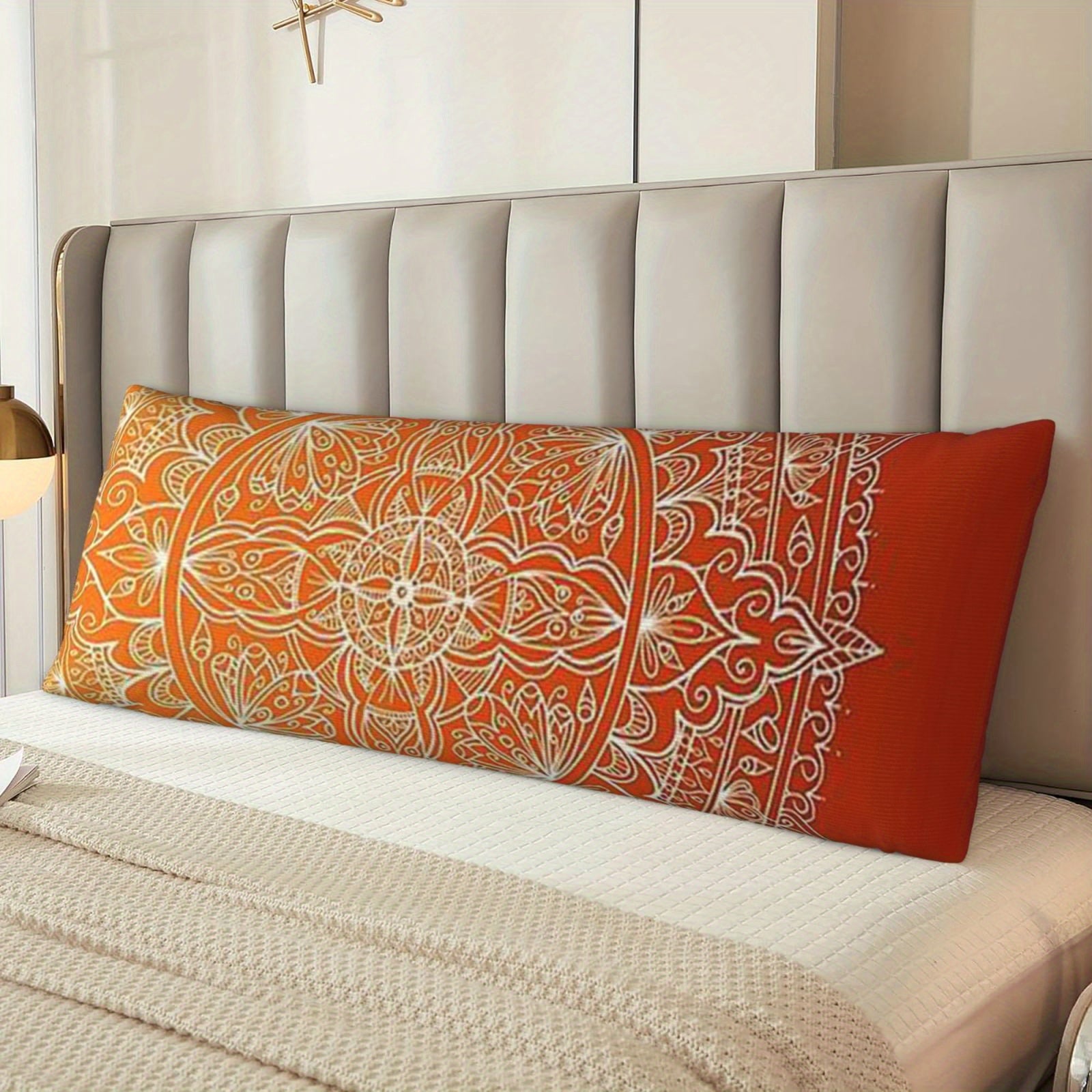 [Mandala Pillow Cover] Vibrant Orange Mandala Double-Sided Body Pillow Cover - 50.8x137.16 cm, Short Pile, Zipper Closure, Ideal for Sofa, Bedroom, and Outdoor Decor, Decorative Pillow Covers, Mandala Pattern, Zippered Pillowcase, Decorative Pillows
