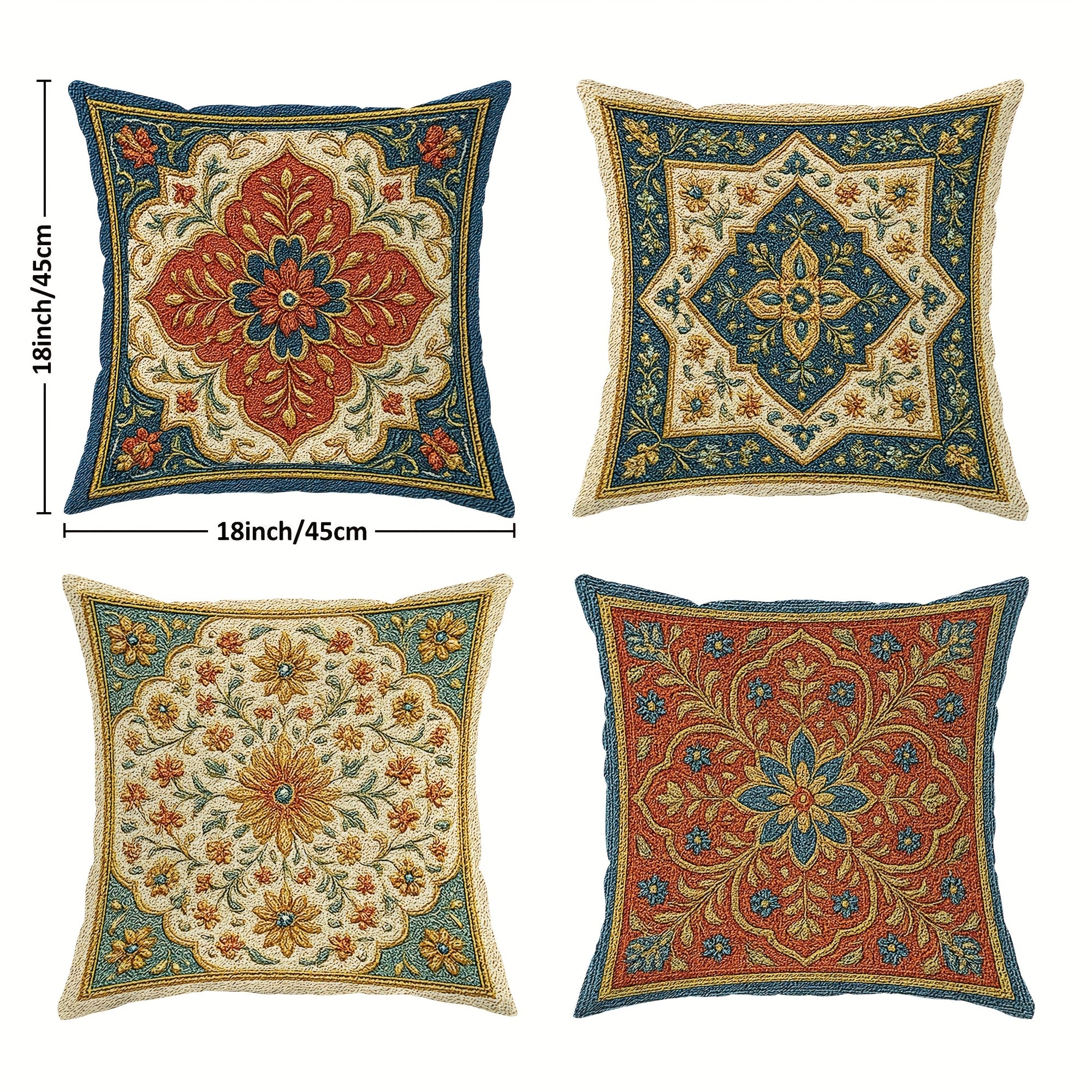 4pcs Retro Ethnic Style Throw Pillow Covers - Geometric Pattern Brown Green Beige Soft Polyester Decorative Pillow Covers, Double-Sided Printing with Zipper Closure, Machine Washable for Living Room Bedroom Sofa Bed Decor (No Pillow Core)