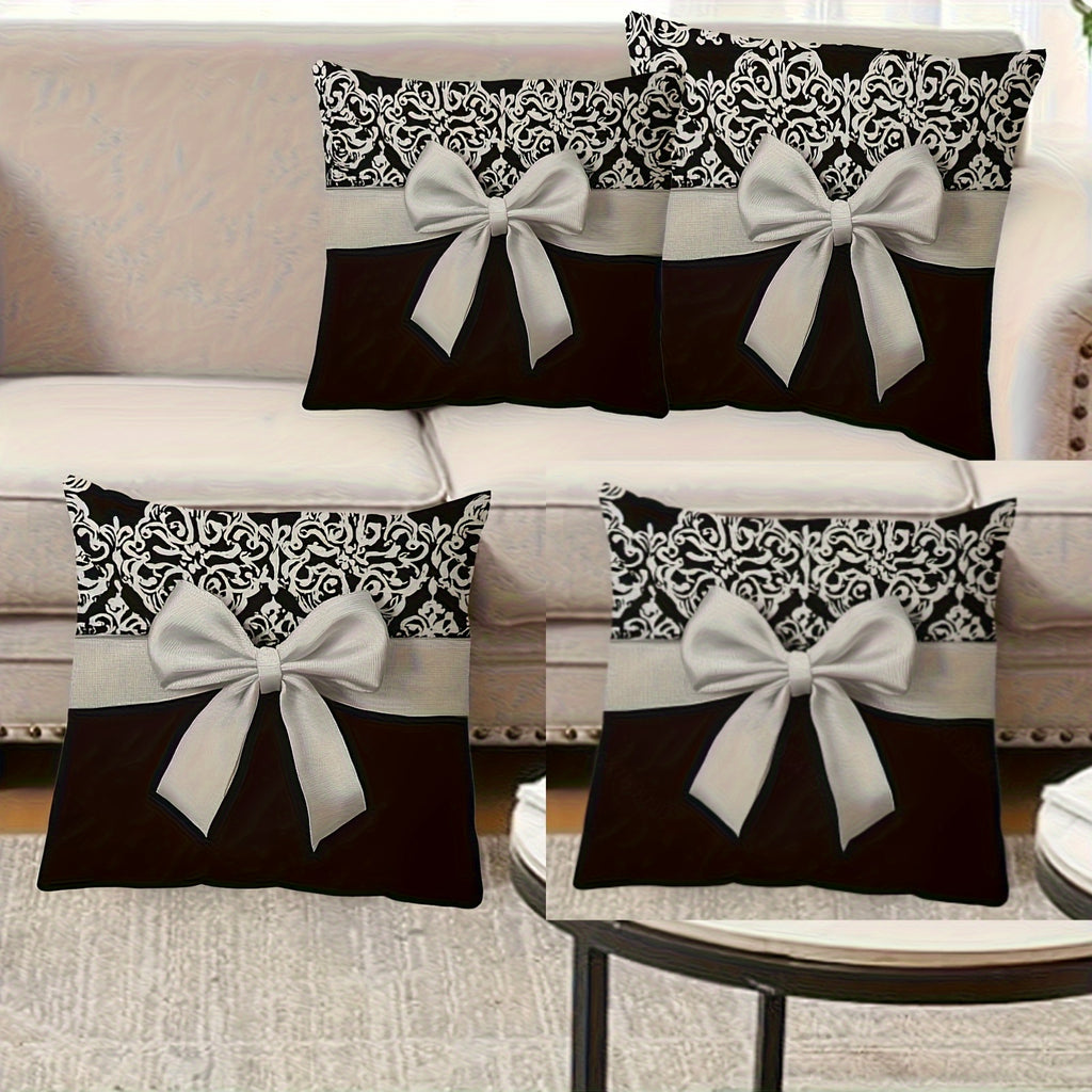 4pcs Modern Black and White European Pattern Bow Design Double-Sided Print Pillowcase, Soft Polyester Fabric, Size 17.72"x17.72", Machine Washable, Suitable for Sofa, Chair, Bed, Car, Living Room and Office Decorative Cushion Cover (Without Core)