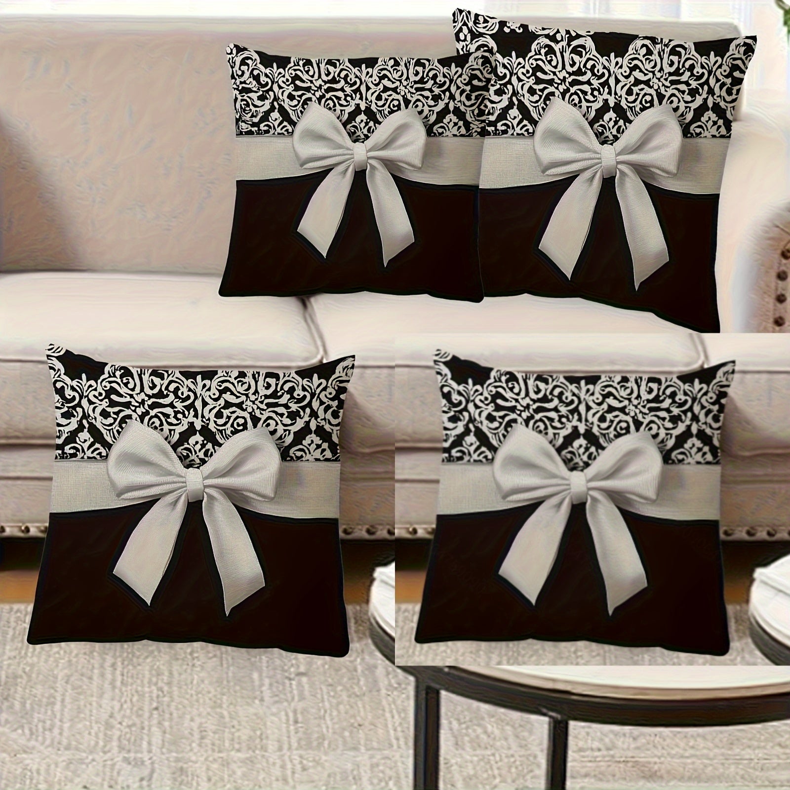 4pcs Modern Black and White European Pattern Bow Design Double-Sided Print Pillowcase, Soft Polyester Fabric, Size 17.72"x17.72", Machine Washable, Suitable for Sofa, Chair, Bed, Car, Living Room and Office Decorative Cushion Cover (Without Core)