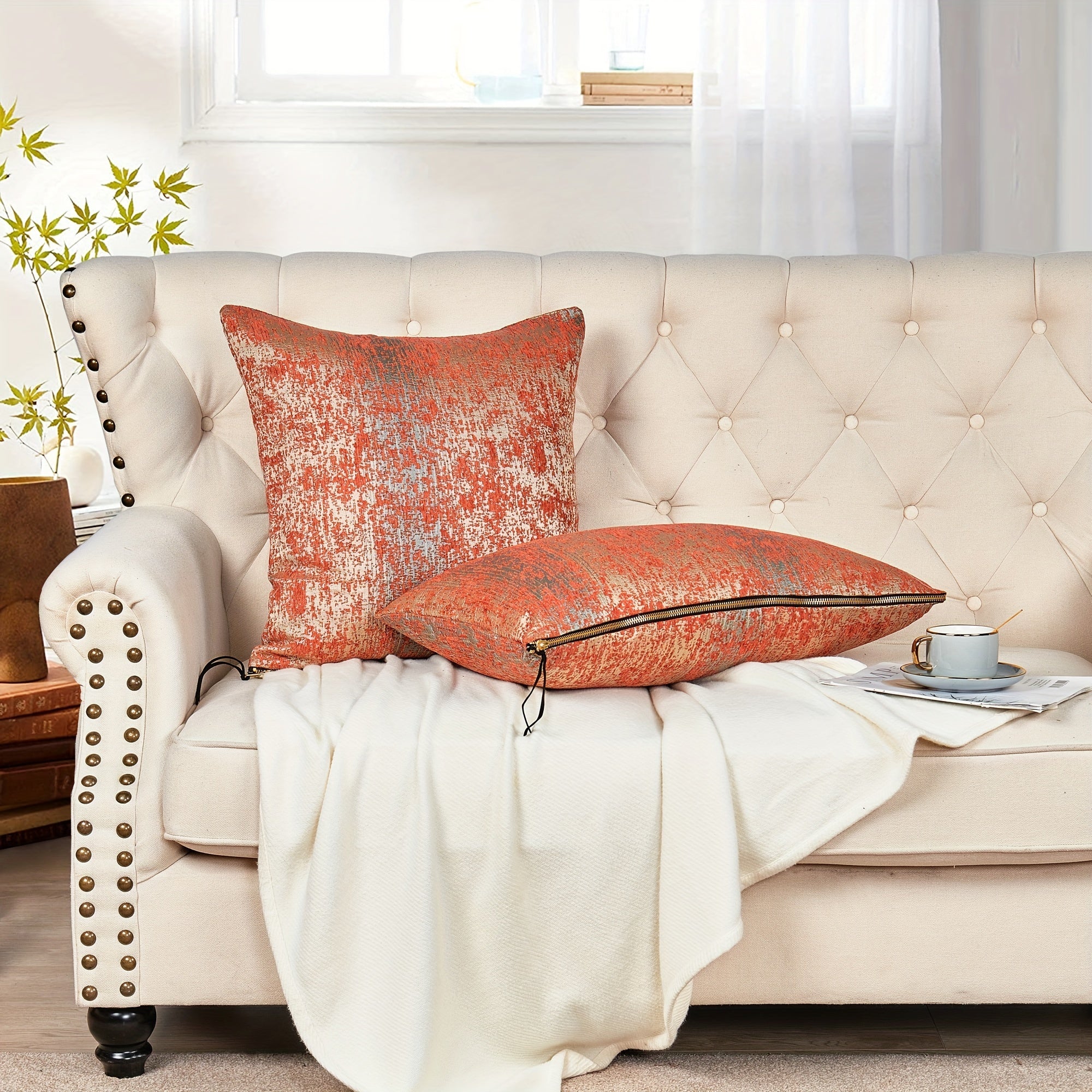 2pcs Double Sided Jacquard Chenille Big Zipper Soft Decorative Throw Pillow Covers Set with Lurex (NO INSERT) - Stylish Cushion Cover for Sofa Couch Chair Living Room Bedroom Decor - For Home Decor Enthusiasts - Perfect Gift for Housewarming & Holidays