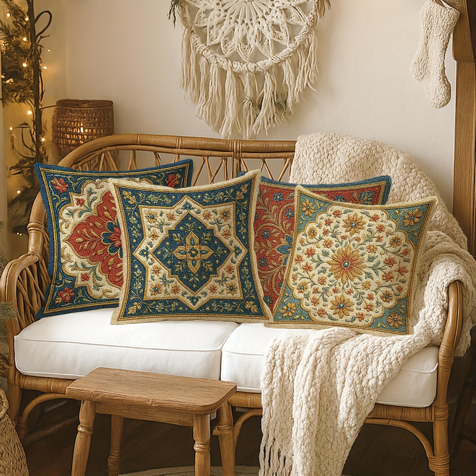 4pcs Retro Ethnic Style Throw Pillow Covers - Geometric Pattern Brown Green Beige Soft Polyester Decorative Pillow Covers, Double-Sided Printing with Zipper Closure, Machine Washable for Living Room Bedroom Sofa Bed Decor (No Pillow Core)