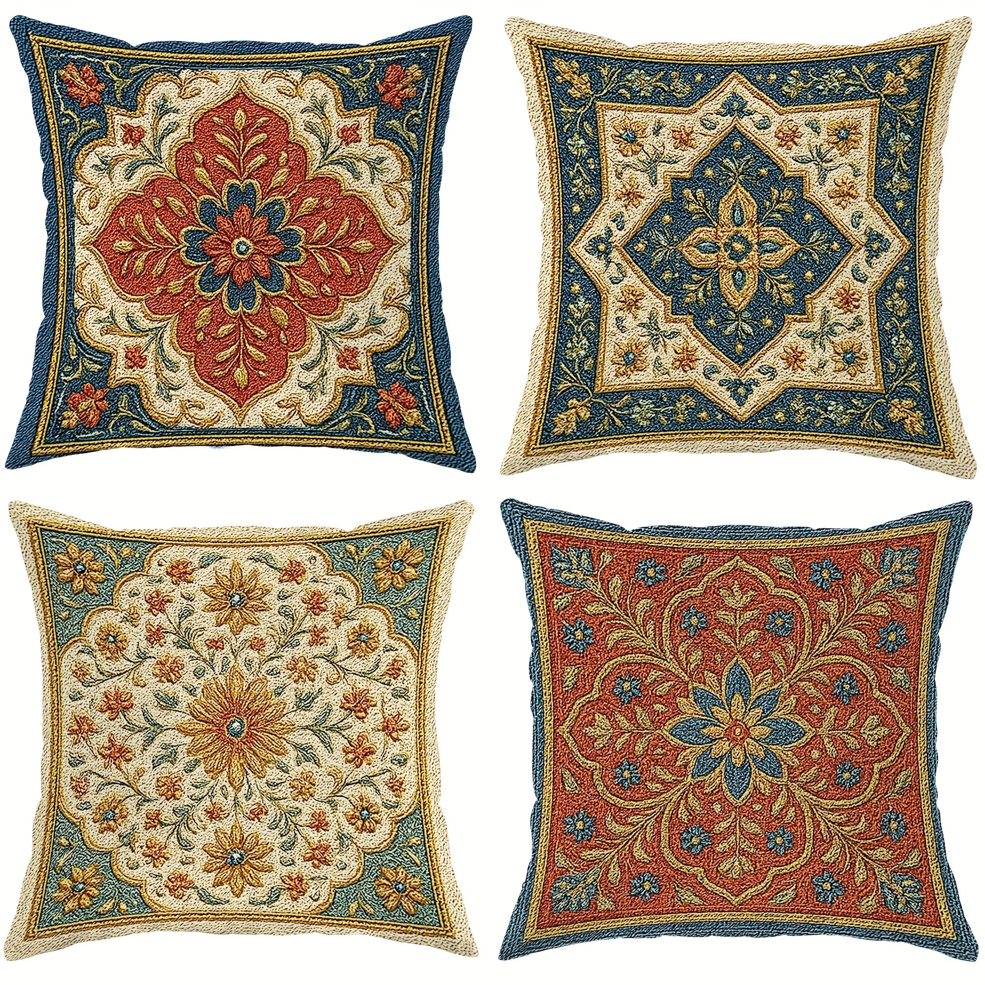 4pcs Retro Ethnic Style Throw Pillow Covers - Geometric Pattern Brown Green Beige Soft Polyester Decorative Pillow Covers, Double-Sided Printing with Zipper Closure, Machine Washable for Living Room Bedroom Sofa Bed Decor (No Pillow Core)