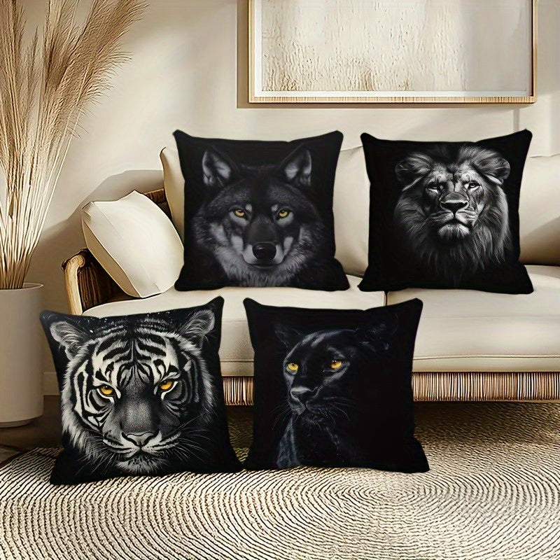 4pcs Double-Sided Printed Pillow Covers - Wolf, Lion, Tiger & Bear Designs in Black & White, Soft Polyester Material with Zipper Closure, Ideal for Sofas, Beds, and Car Interiors, Contemporary Style for Various Room Decorations, Decorative Pillows |