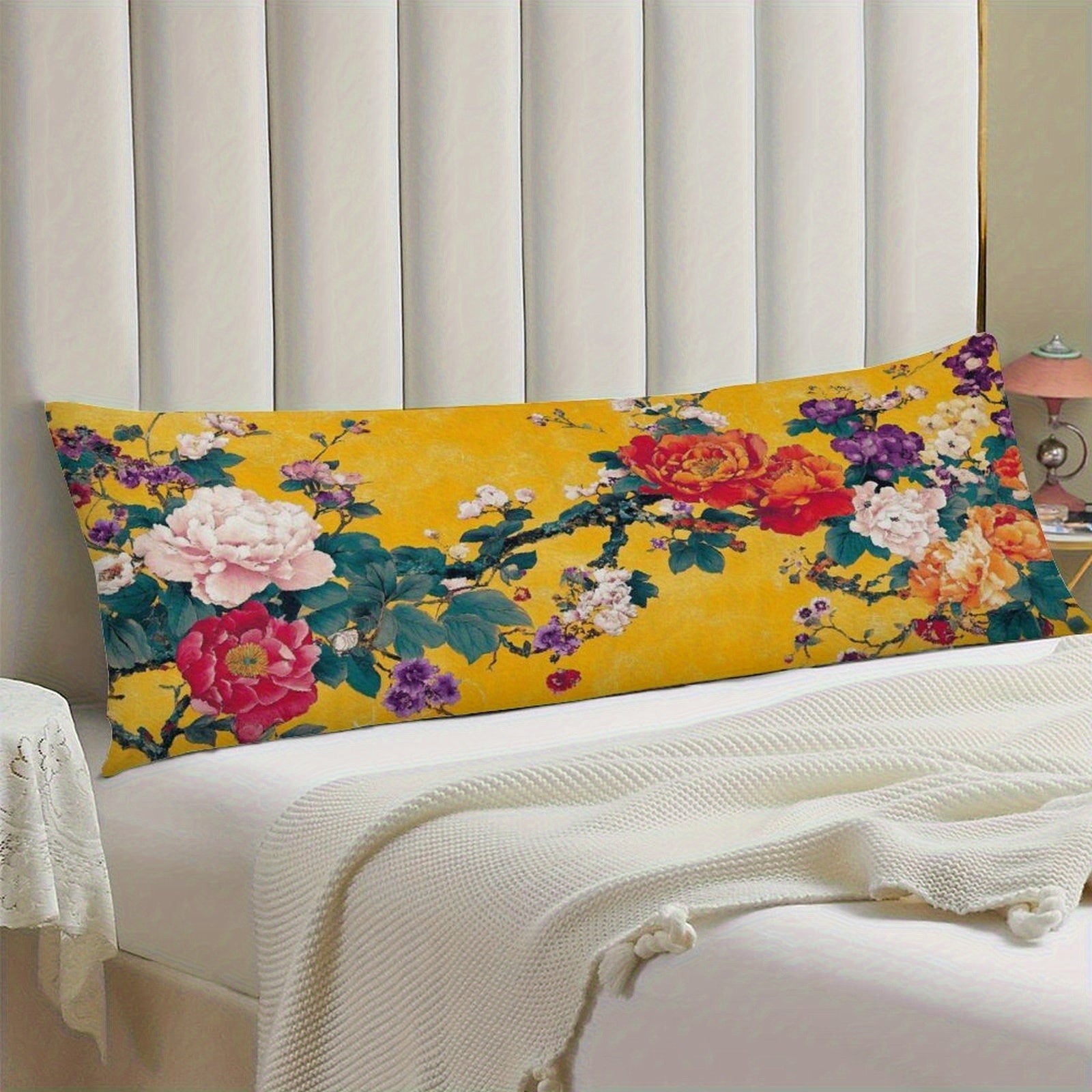 Extra Long Body Pillow Case - Mustard Yellow Floral Bouquet with Roses, Soft Plush Bed Cushion Cover for Queen/King Beds & Sofas, Machine Washable Large Pillowcase (20x54 Inches/51x137cm) - Home Decor Accent, Sofa Accessory, Cozy Cottage Style,