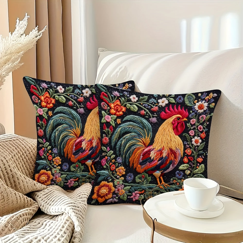 2pcs Ultra-Soft Short Plush Pillow Covers 18x18 Inch - Double-Sided Printed Rooster & Floral Design, Contemporary Farmhouse Decor for Sofa, Living Room, Bedroom - Zipper Closure, Machine Washable (No Insert Included), Sofa Accessories | Durable Fabric,