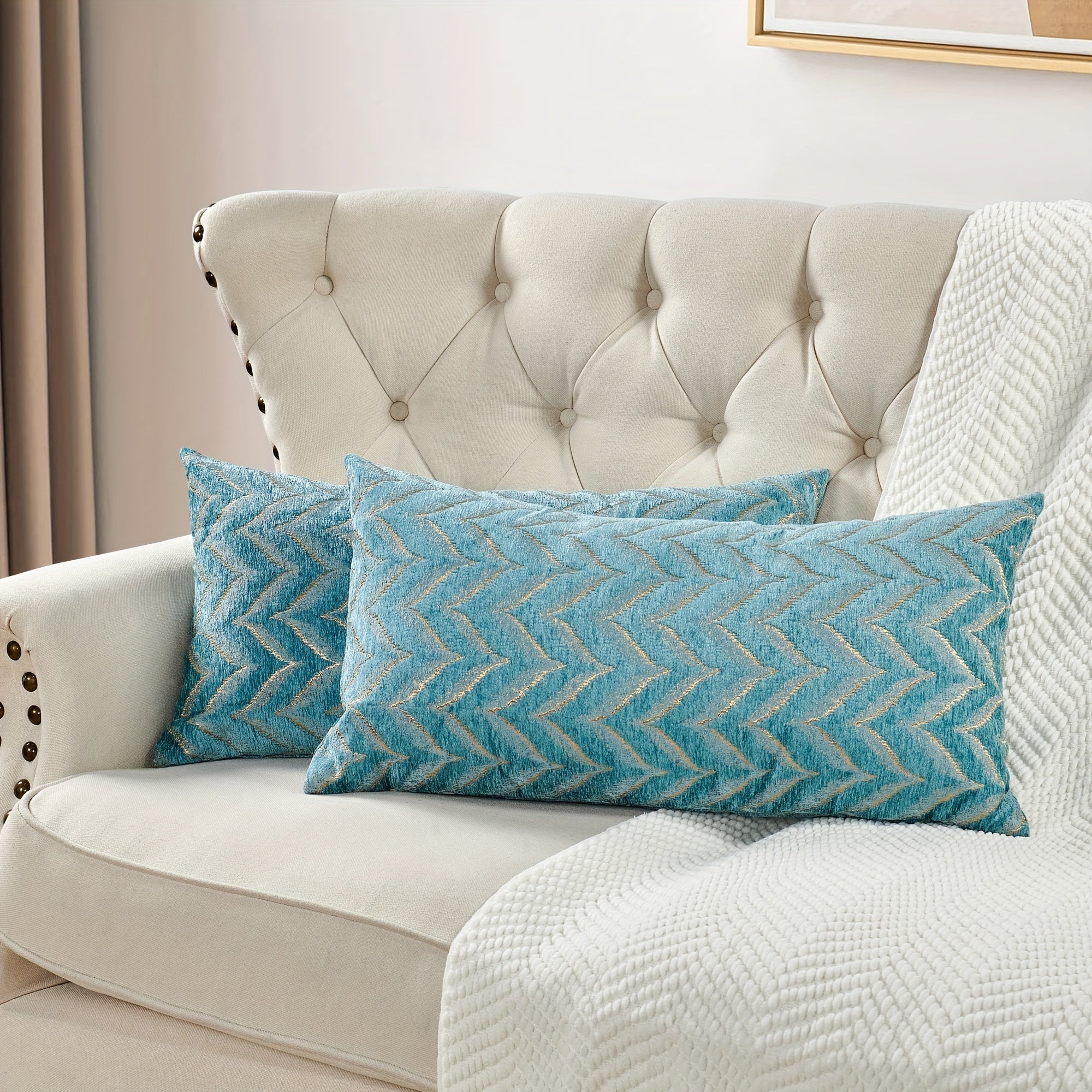 2pcs Double-Sided Chevron Pattern Jacquard Throw Pillow Covers in Blue, Gray, and Beige - Soft Chenille Texture, Decorative Cushion Covers for Sofa, Couch, Chair, Living Room, Bedroom Decor (Inserts Not Included), Living Room Decor|Modern Home