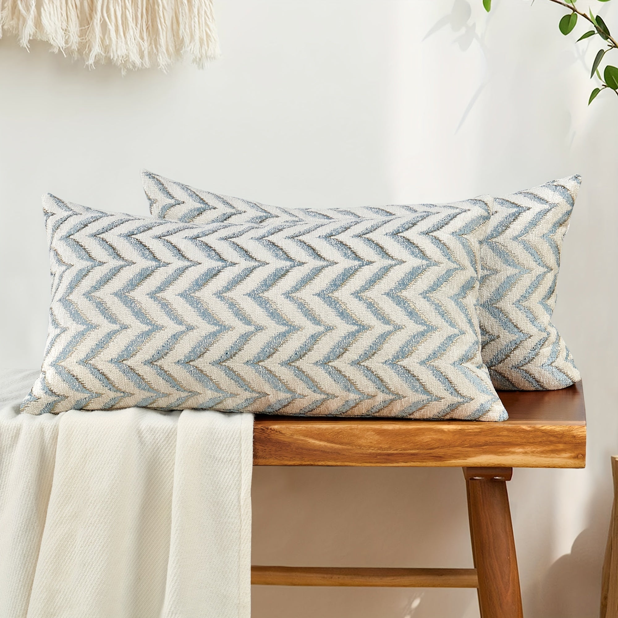 2pcs Double-Sided Chevron Pattern Jacquard Throw Pillow Covers in Blue, Gray, and Beige - Soft Chenille Texture, Decorative Cushion Covers for Sofa, Couch, Chair, Living Room, Bedroom Decor (Inserts Not Included), Living Room Decor|Modern Home