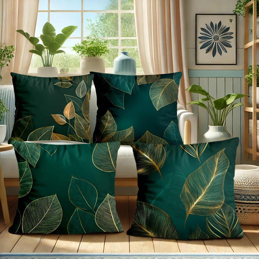 4pcs Botanical Emerald Green & Golden Leaves Pillow Covers - Large 18x18 Inch Luxury Cushion Covers with Hidden Zipper Closure, Deep Teal and Golden Accent Decor for Living Room, Bedroom, Sofa - Housewarming or Memorial Day Gifts - No Fringe Needed,