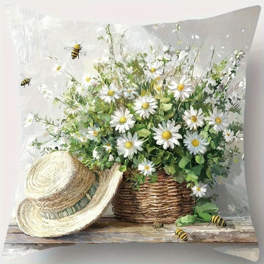 4pcs Vintage Daisy Print Pillow Covers, Double-Sided Digital Printing, Non-Embroidered, Machine Washable - Zipper Closure, Polyester, Ideal for Daily Use & Holiday Decor (Valentine's, Mother'S Day, Independence Day, Halloween, Thanksgiving, Christmas),
