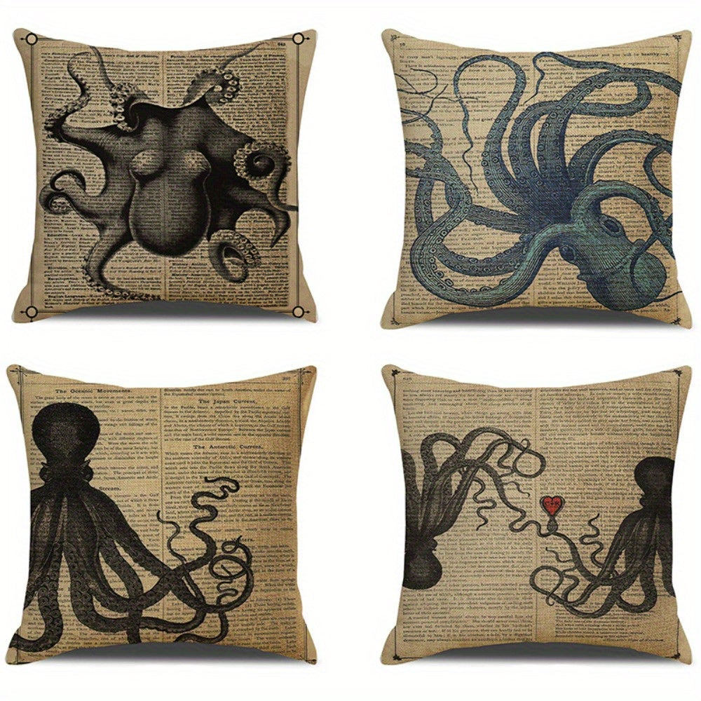 4pcs of Cartoon Octopus Animal Pattern Design Printed Zipper Pillowcase-Double-Sided Polyester Printed Pattern Zipper Closed Home Decoration Living Room, Bedroom And Sofa Home Decoration (Not Included in The Pillow)