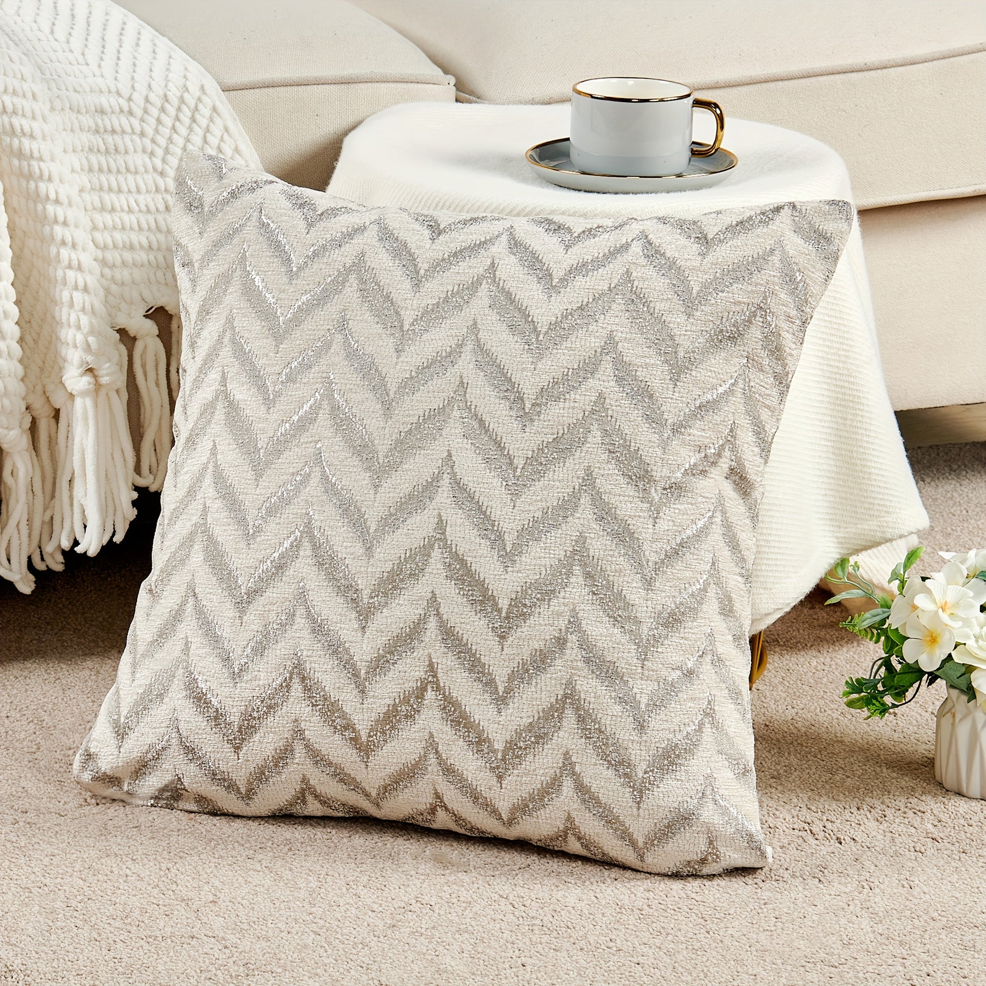 2pcs Double-Sided Chevron Pattern Jacquard Throw Pillow Covers in Blue, Gray, and Beige - Soft Chenille Texture, Decorative Cushion Covers for Sofa, Couch, Chair, Living Room, Bedroom Decor (Inserts Not Included), Living Room Decor|Modern Home