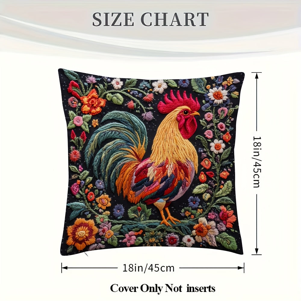 2pcs Ultra-Soft Short Plush Pillow Covers 18x18 Inch - Double-Sided Printed Rooster & Floral Design, Contemporary Farmhouse Decor for Sofa, Living Room, Bedroom - Zipper Closure, Machine Washable (No Insert Included), Sofa Accessories | Durable Fabric,
